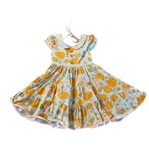 SweetHoney Orange and Blue Twirly Pumpkin dress with Flutter Cap Sleeves Size 5Y